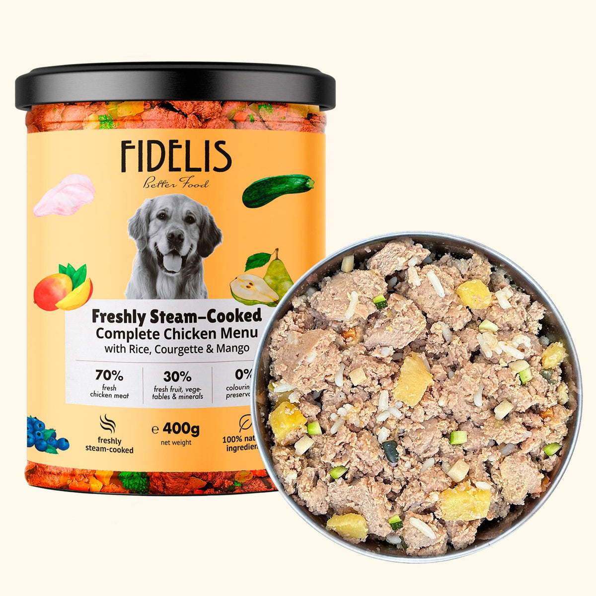 Fidelis Fresh Menu Chicken with Rice, Courgette and Mango dog food jar