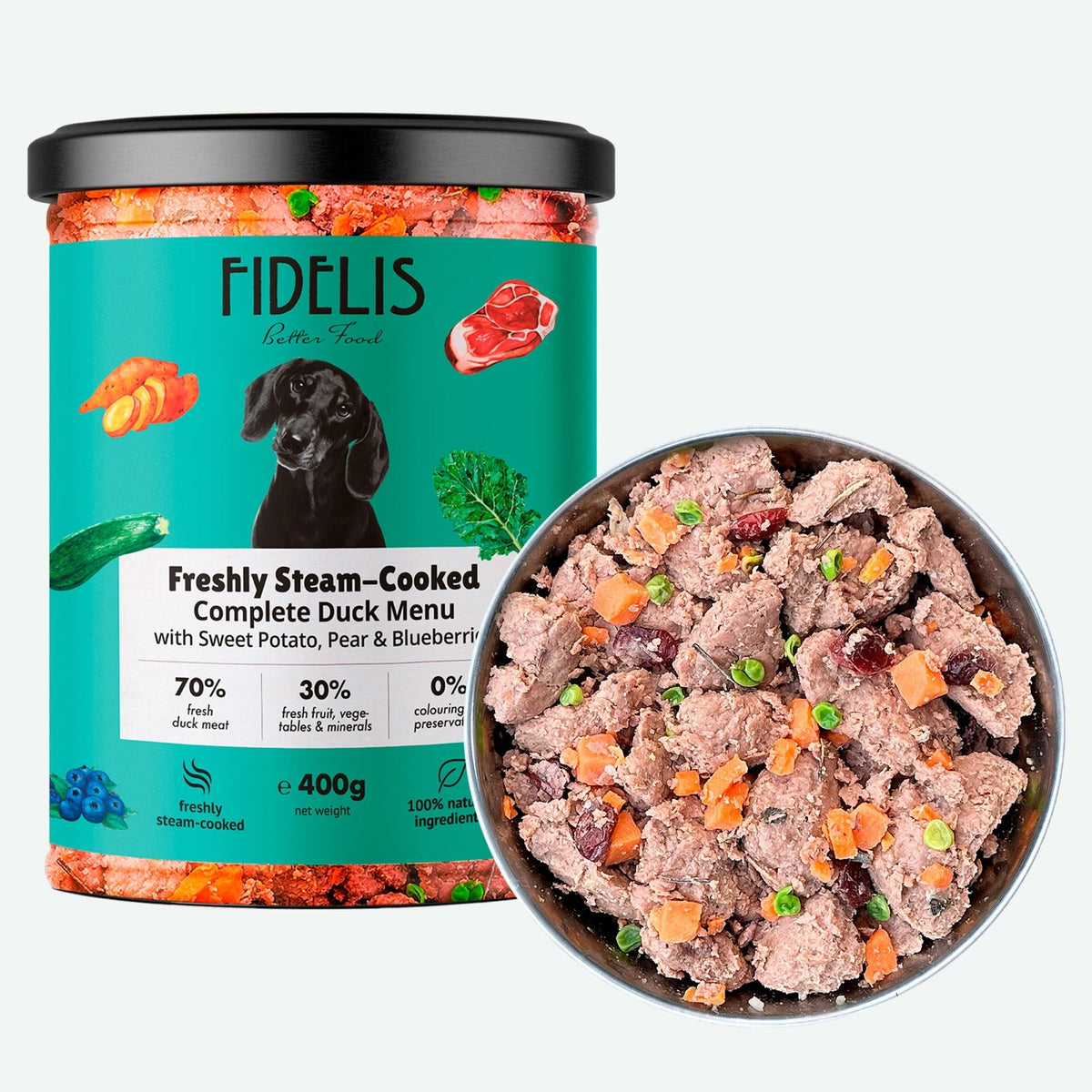 Fidelis Fresh Menu Duck with Sweet Potato, Pear and Blueberries dog food jar