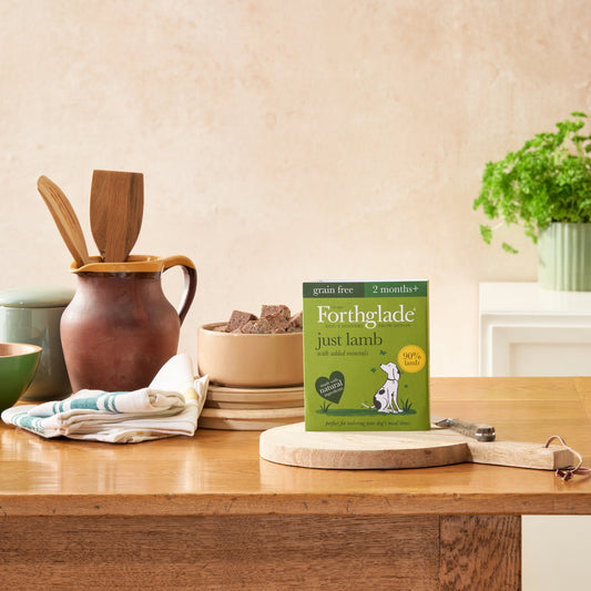 Forthglade Just Lamb tray on a wooden chopping board beside a bowl of the food