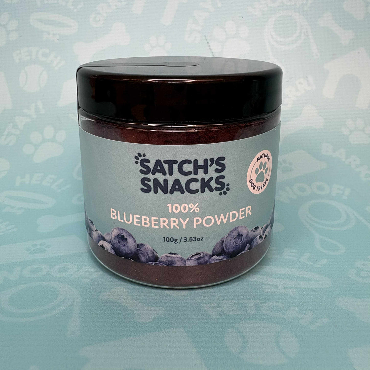 Satch's Snacks Organic Blueberry Powder 100g supplement jar for dogs