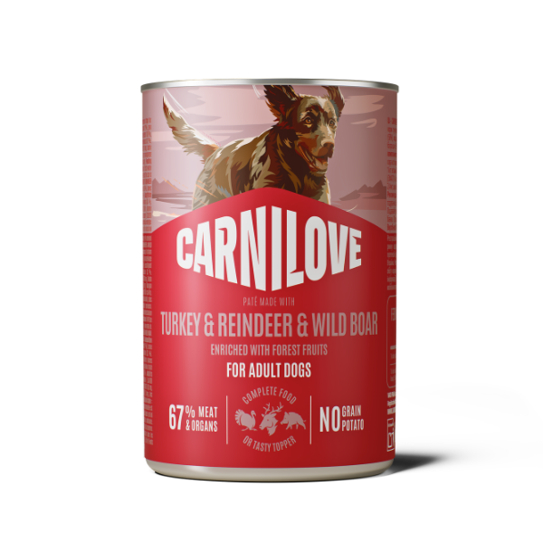 Carnilove Turkey, Reindeer & Wild Boar dog food 400g tin