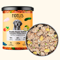 Fidelis Fresh Menu Chicken with Rice, Courgette and Mango dog food jar