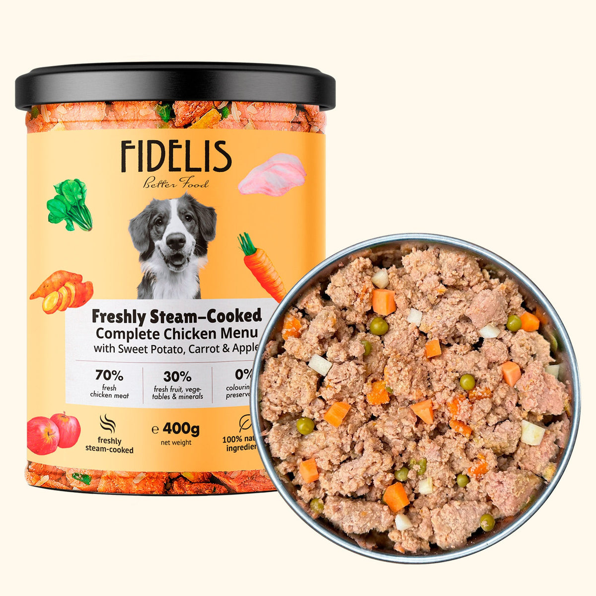 Fidelis Fresh Menu Chicken with Sweet Potato, Carrot and Apple dog food jar