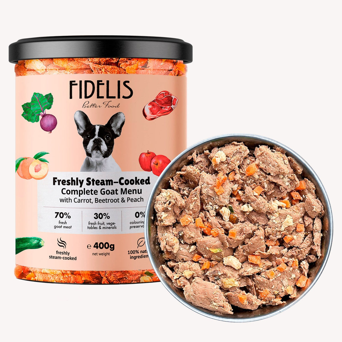 Fidelis Fresh Menu Goat with Carrot, Beetroot and Peach dog food jar