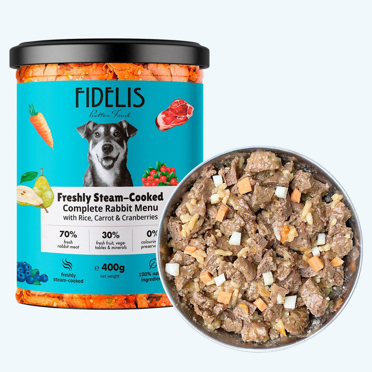 Fidelis Fresh Menu Rabbit with Brown Rice, Carrot and Cranberries dog food jar