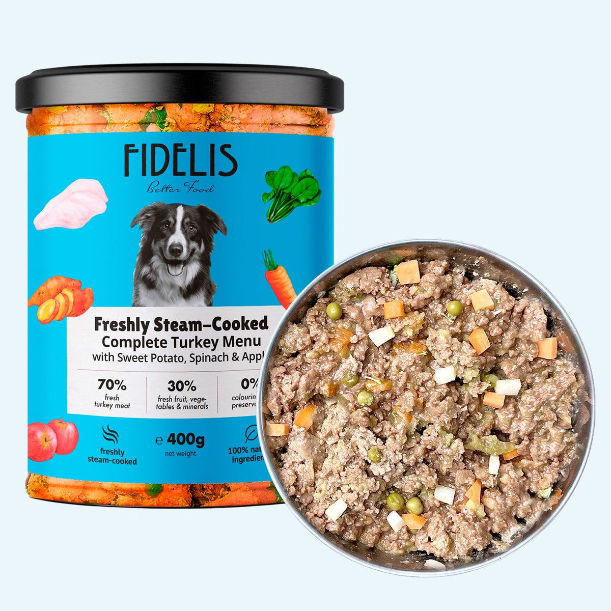 Fidelis Fresh Menu Turkey with Sweet Potato, Spinach and Apple dog food jar