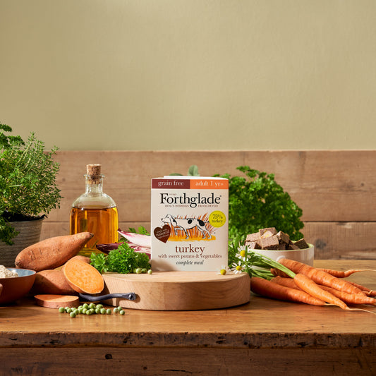Forthglade grain free adult turkey with sweet potato and vegetables tray on a wooden table with fresh ingredients