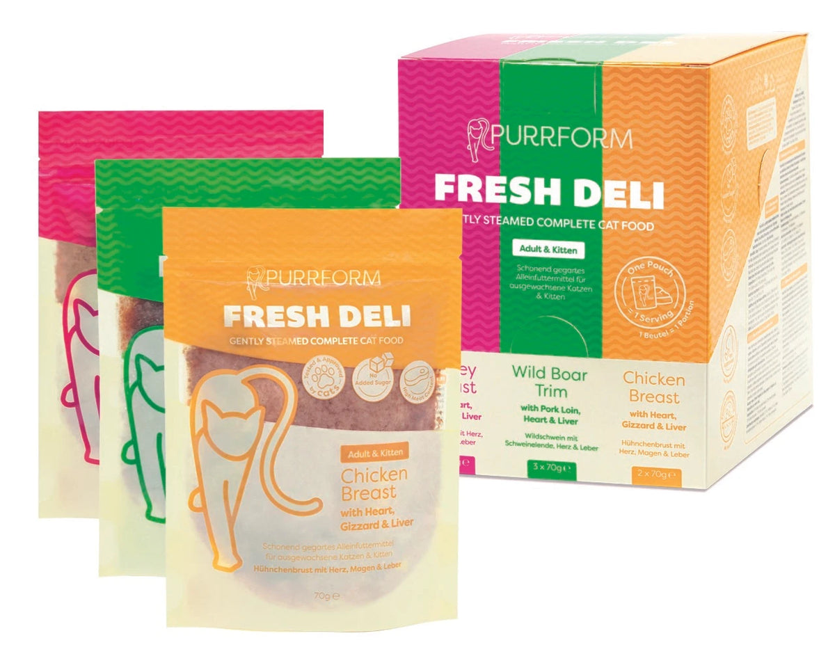 Purrform Fresh Deli Steamed Mixed 7pk (Mixed Box 1: turkey, wild boar, chicken)