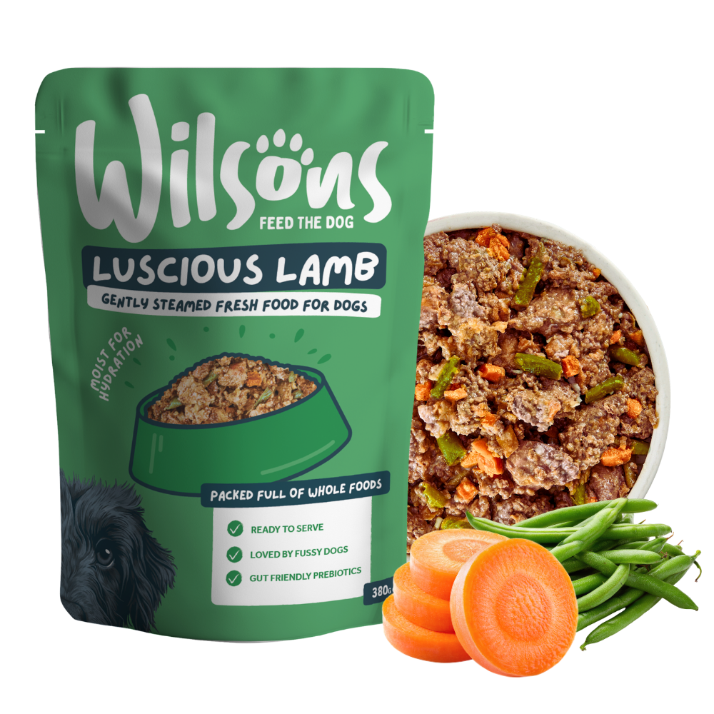 Wilsons Luscious Lamb fresh pouch beside a bowl of the food with carrots and green beans