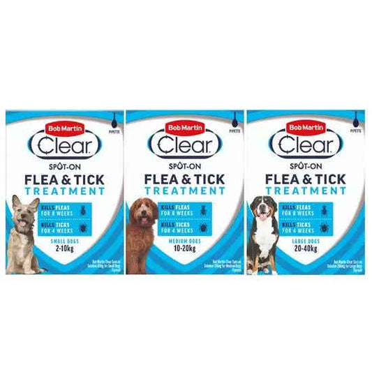 Bob Martin Clear Spot-On flea and tick treatment for small dogs, 3 pipettes